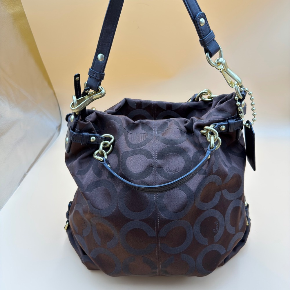 Vintage Coach Maggie Shoulder Bag Womens Large Brown Op Art Sateen 14146  Hobo